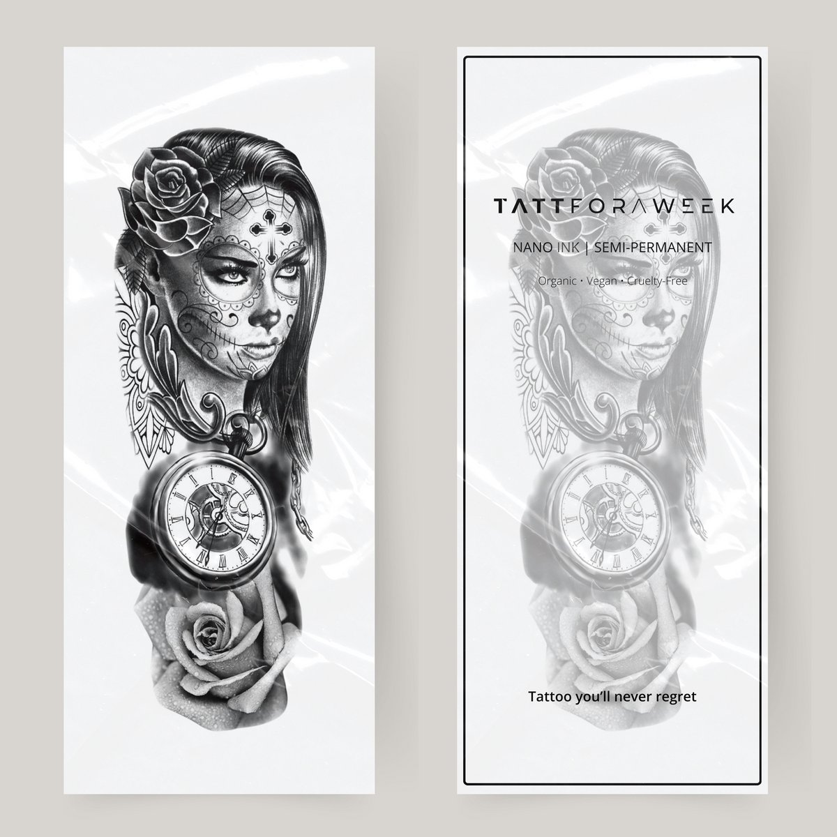 Nep tattoo sleeve vrouw & klok | Neptattoo volwassenen | Tijdelijke tattoo voor volwassenen | Temporary tattoo | Plaktattoos voor volwassenen | Neptattoos | Probeer zorgeloos een tattoo | tattforaweek